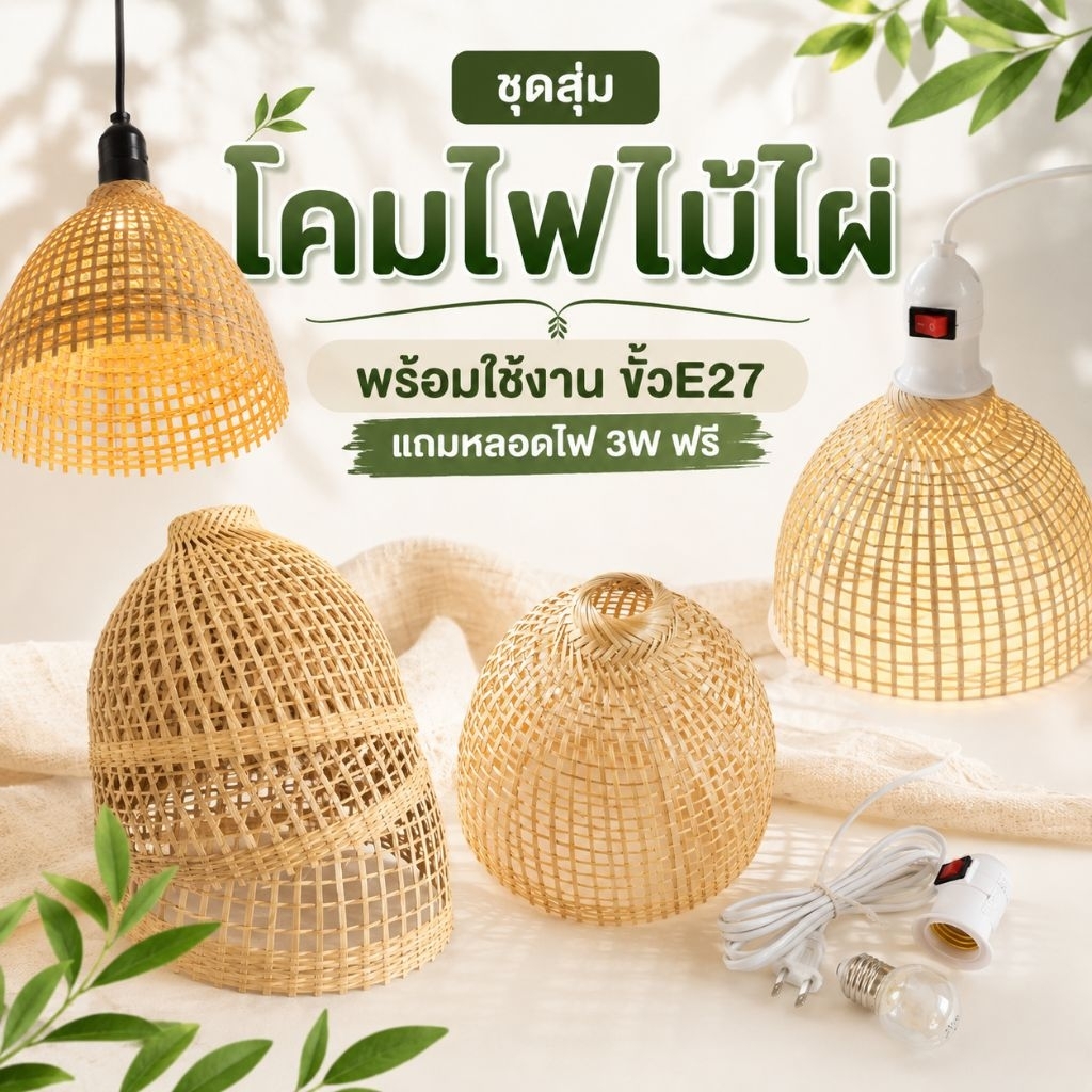 ชุดสุ่มโคมไฟไม้ไผ่ พร้อมใช้งาน ขั้วE27 แถมหลอดไฟฟรี โคมไฟสานแต่งบ้าน โคมไฟแขวน โคมไฟมินิมอล
