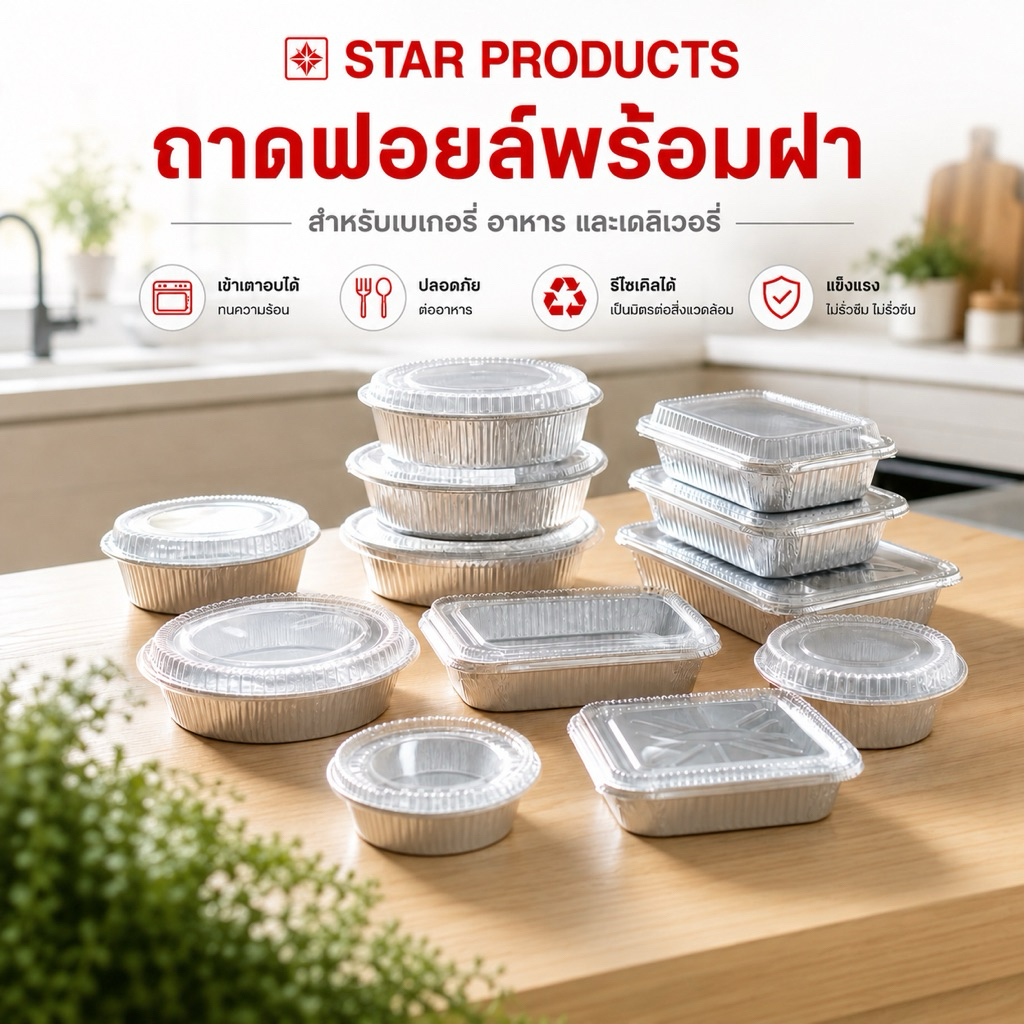 ถาดฟอยล์ ถ้วยฟอยล์ Star Products สีเงิน พร้อมฝา
