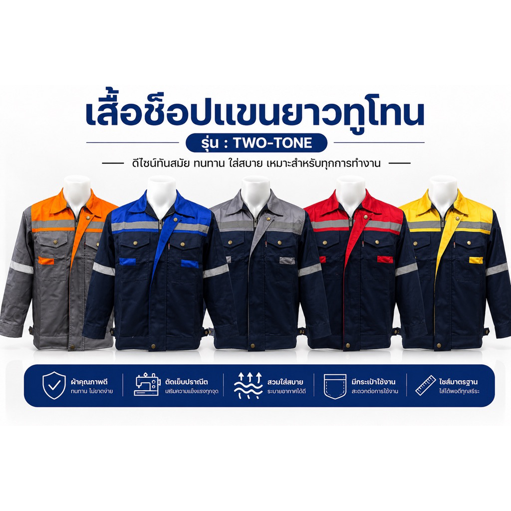 เสื้อช็อปทูโทน งานผ้าโพลีเอสเตอร์ผสมฝ้าย งานกระดุมทองไม่เป็นสนิม
