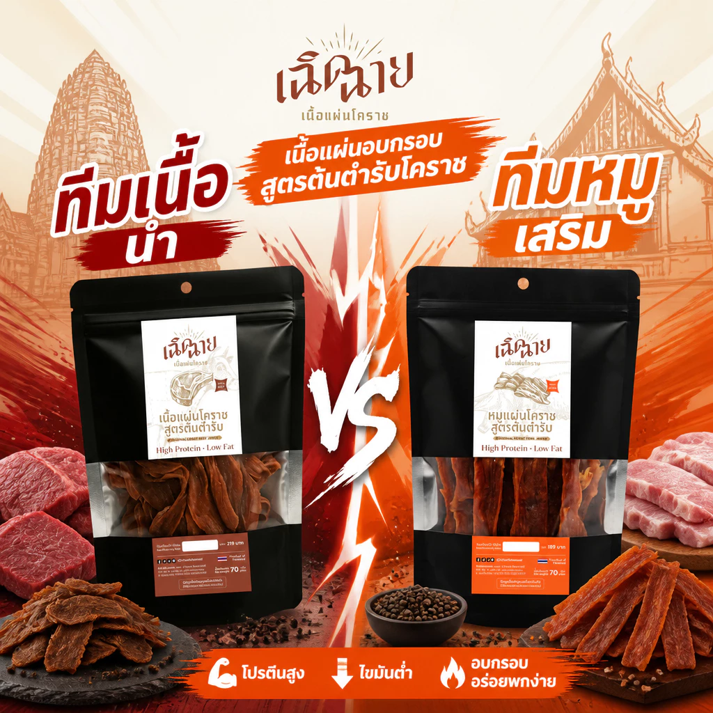 ซื้อคู่ หมู+เนื้อแผ่นโคราช อบพร้อมทาน ของกินเล่น เคี้ยวเพลิน โปรตีนสูง ของฝากโคราช