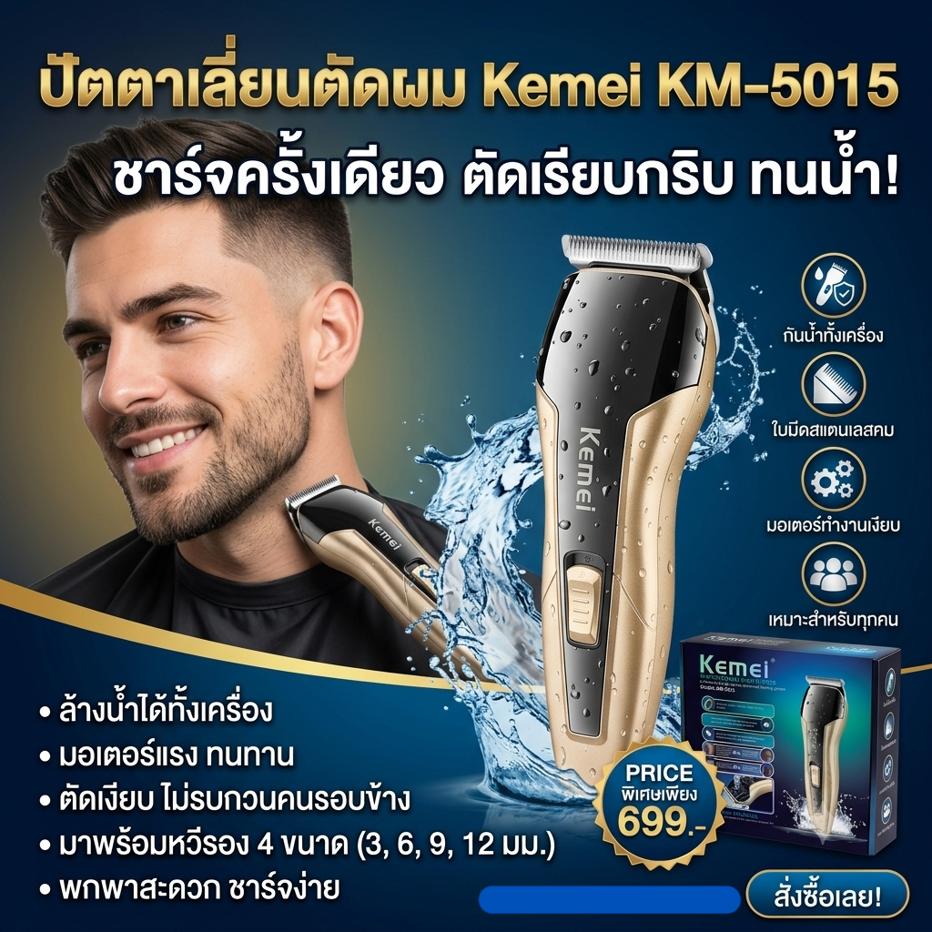 คุ้มสุด! Kemei KM-5015 แบตตาเลี่ยนไร้สาย ใบมีดไทเทเนียมแท้ ครบจบในกล่องเดียว