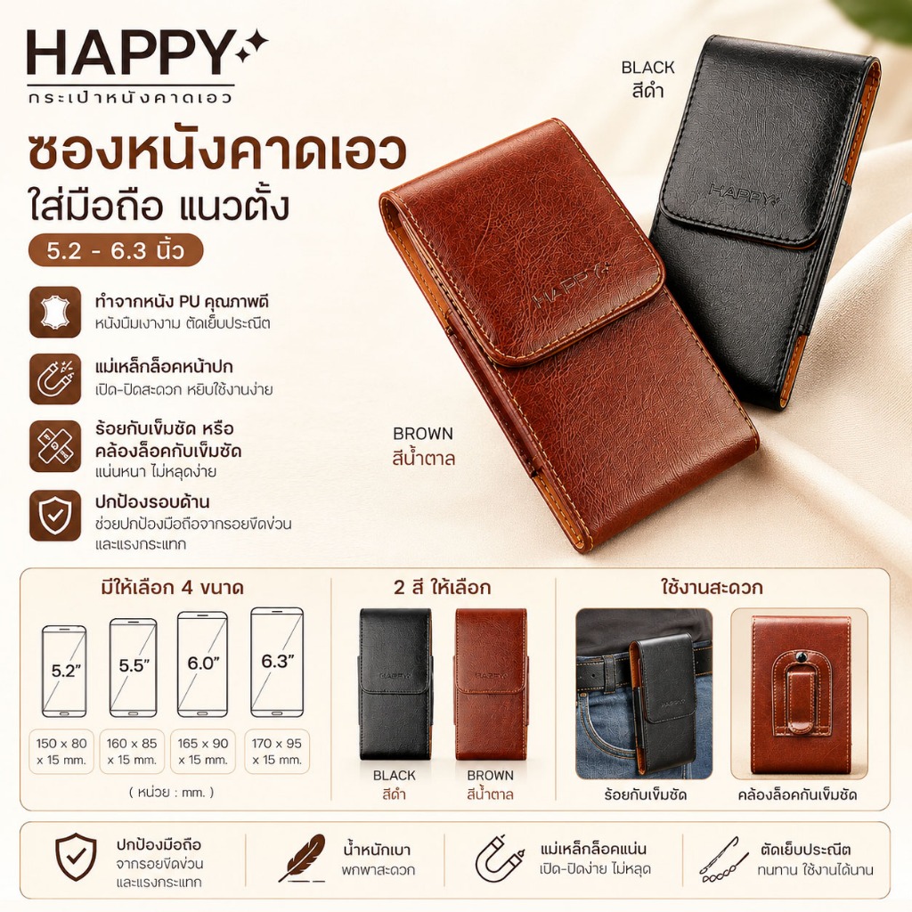 (นอน/ตั้ง)  4 - 6.3 นิ้ว กระเป๋าหนังคาดเอว ซองเหน็บเอว ใส่มือถือ