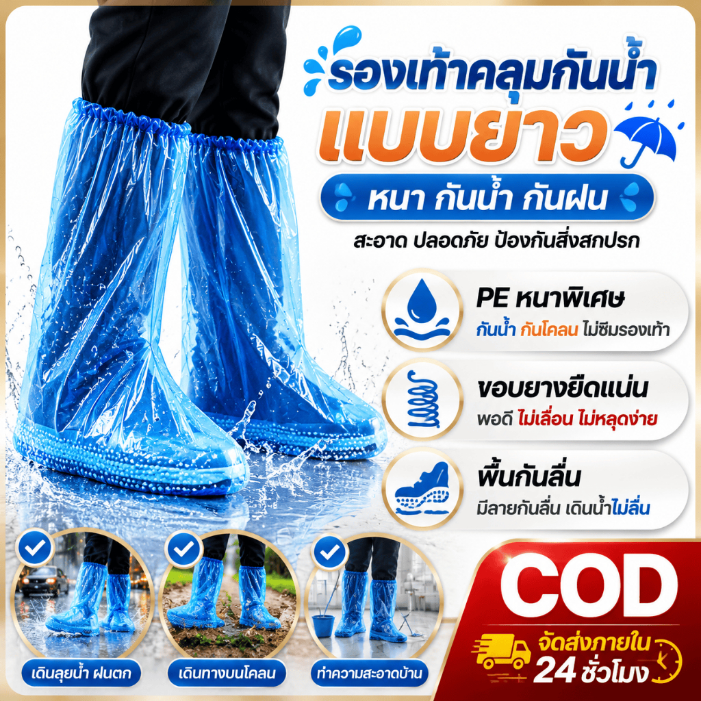 ปลอกคลุมรองเท้ายาวแบบใช้ครั้งเดียว สีน้ำเงิน หนาพิเศษ วัสดุ PE กันน้ำกันลื่น มียางยืดรัดข้อเท้า ช่วยให้คุณเดินบนพื้นเปีย