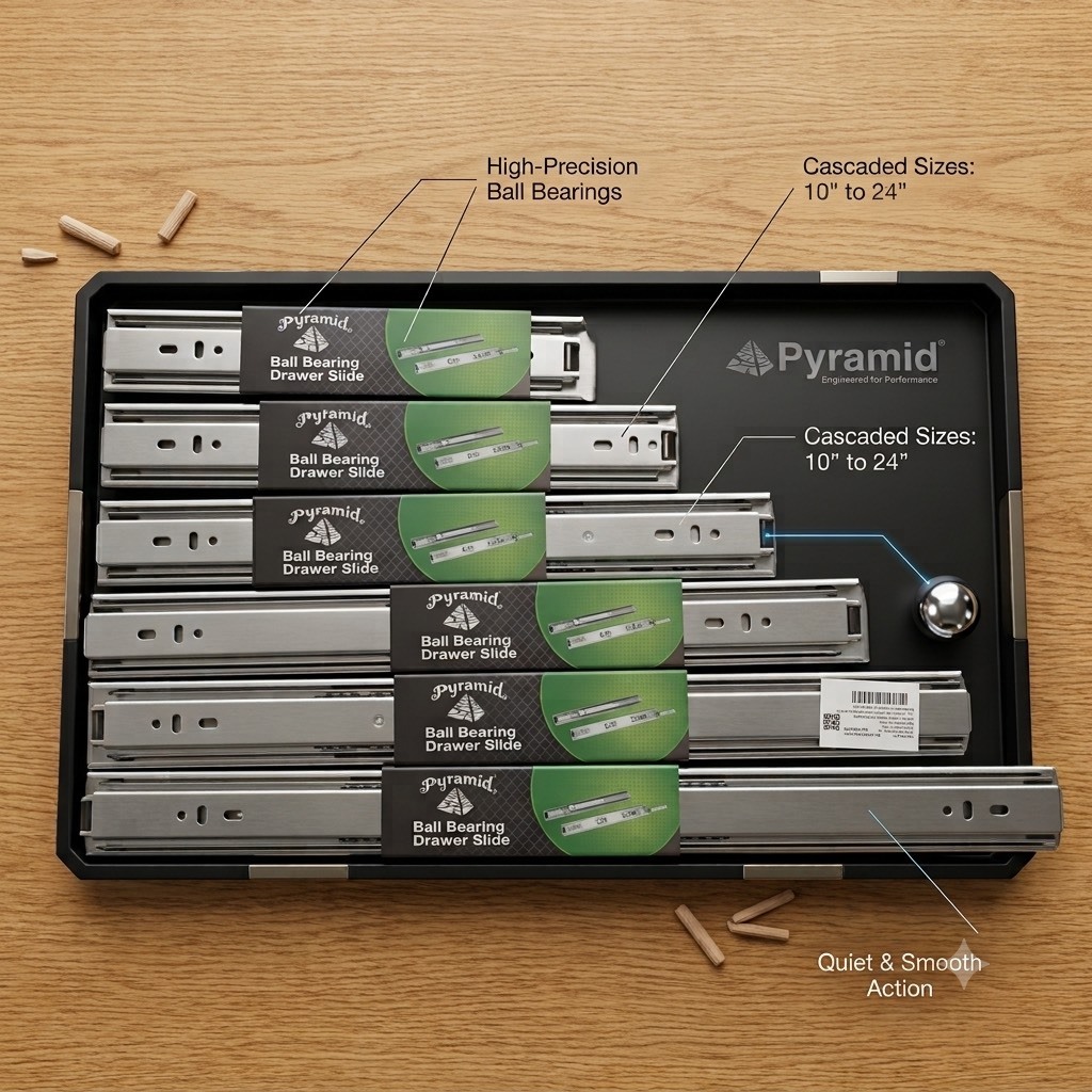 Pyramid E4501 ปิรามิด รางลิ้นชัก แบบลูกปืน 2 ตอน รับข้าง ธรรมดา ขนาด  10นิ้ว 12นิ้ว 14นิ้ว 16นิ้ว 18นิ้ว 20นิ้ว