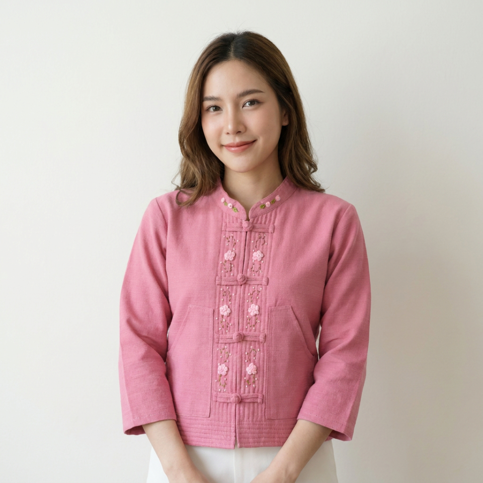 เสื้อผู้หญิงผ้าฝ้ายแขนสามปักดอกเก็ดตะวา น่ารักทุกสัดส่วน ทรงเข้ารูปสวยดูดี เรียบร้อยใส่ทำงาน ใส่ออกงาน โดดเด่นทุกมุมมอง