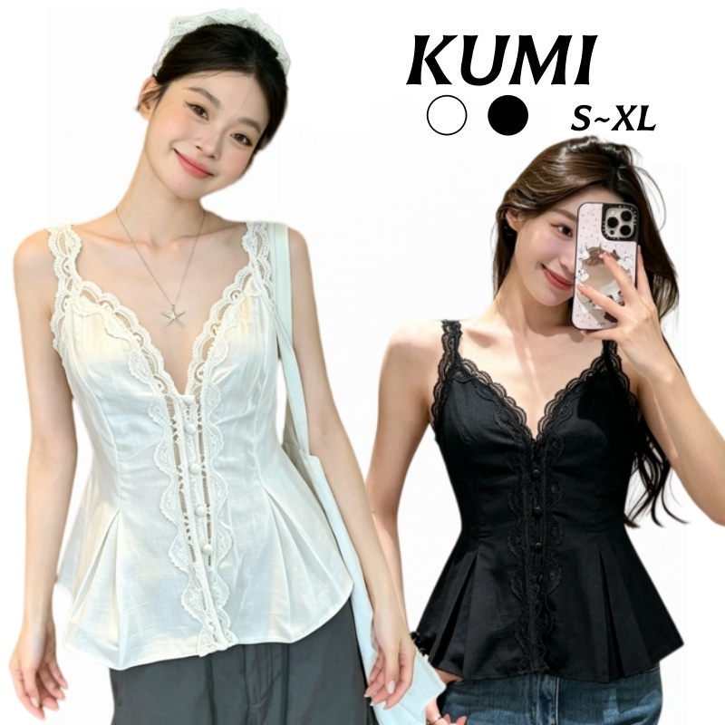KUMI 🌸พร้อมส่ง💭 เสื้อสายลูกไม้ คอวี รัดเอวสวย 2 สี ขาว/ดำ ใส่ไปเดทได้ แฟชั่น สไตล์เกาหลี