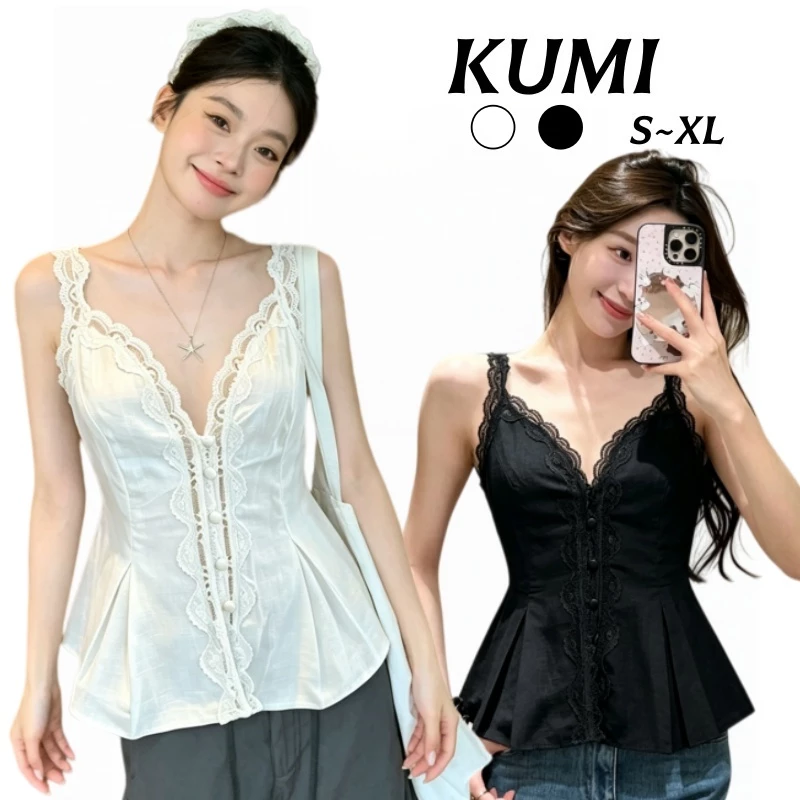 KUMI 🌸พร้อมส่ง💭 เสื้อสายลูกไม้ คอวี รัดเอวสวย 2 สี ขาว/ดำ ใส่ไปเดทได้ แฟชั่น สไตล์เกาหลี