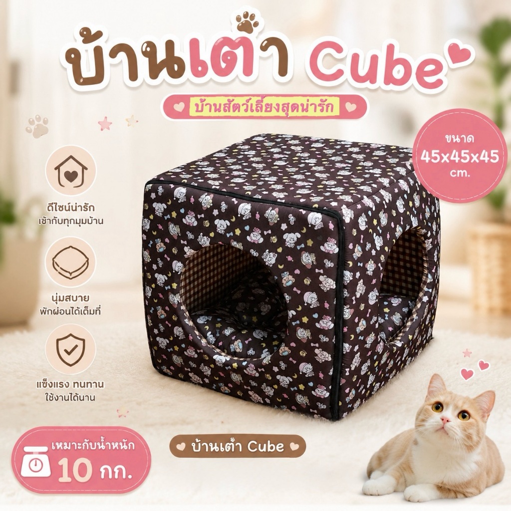 บ้านสุนัข บ้านแมว ลูกเต๋า Cube สำหรับน้องหมา-แมวไม่เกิน 10 กก. (ขนาดประมาณ 45 x 45 x 45 ซม.)