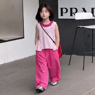 ชุดเสื้อแขนกุดสำหรับเด็กผู้หญิง ดีไซน์ทันสมัยสไตล์เกาหลี เสื้อลายทางน่ารัก ทำจากผ้าชีฟองเนื้อนุ่ม ระบายอากาศได้ดี
