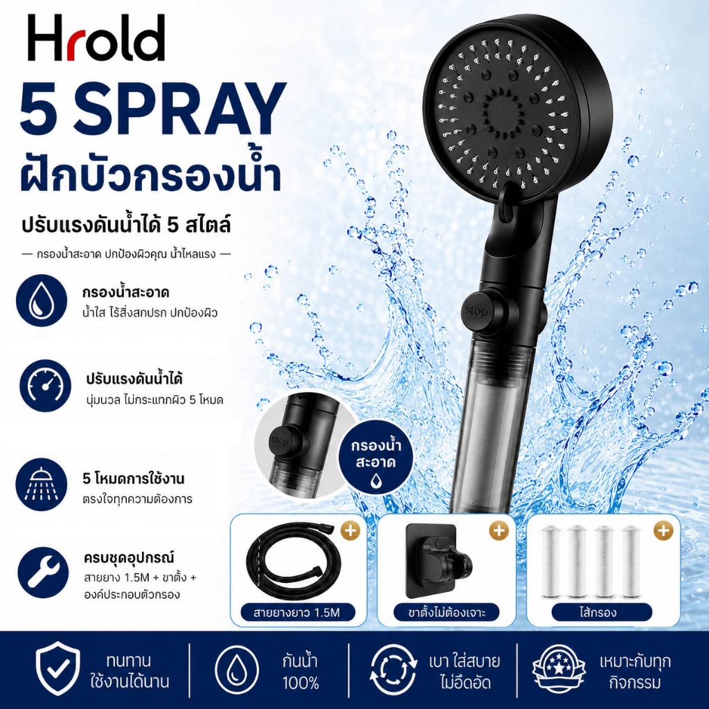Hrold หัวฉีดฝักบัว ตัวกรองในตัว ปรับแรงน้ำ 5 ระดับ ติดตั้งง่าย ไม่ต้องเจาะ ที่แนบมาสายยาว 1.5M