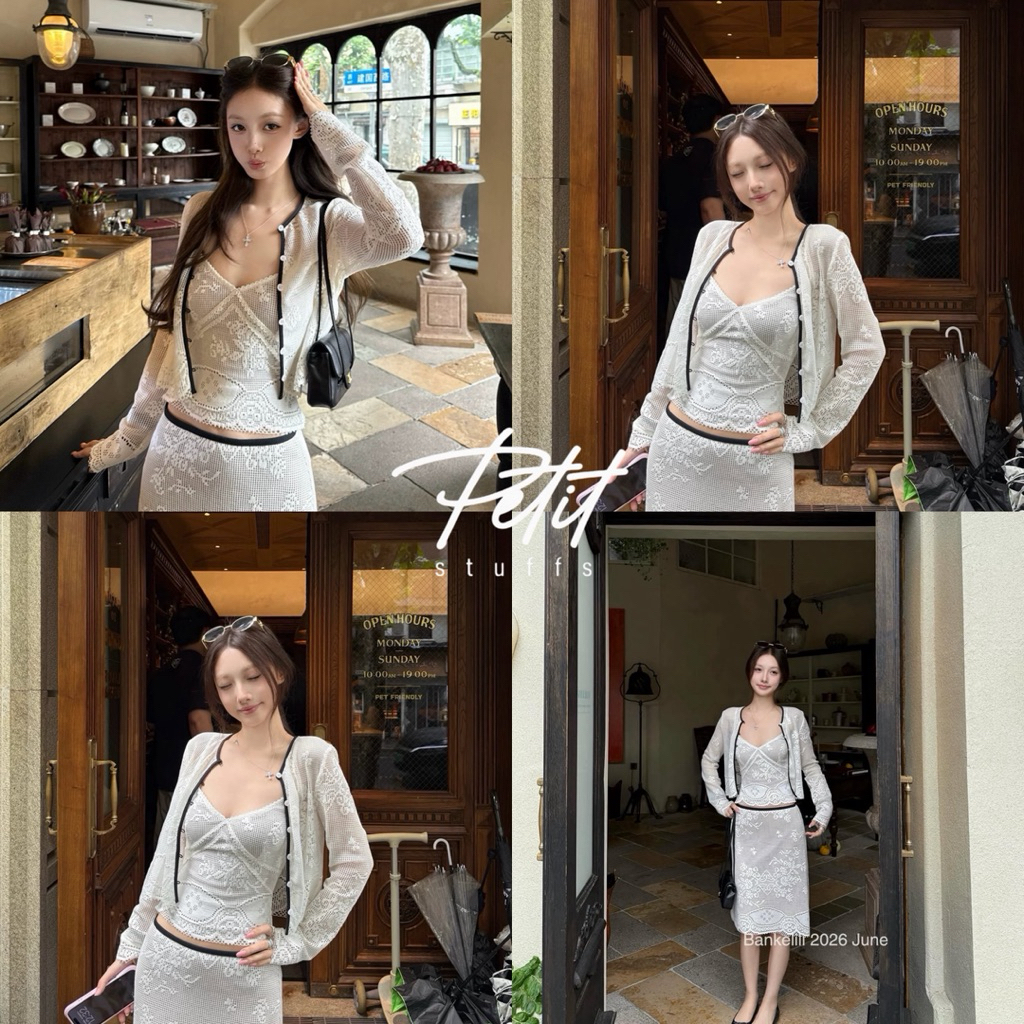 Petitstuffs | ชุดเซ็ตลูกไม้ 3 ชิ้นขายแยกชิ้น เสื้อสายเดี่ยว+คาร์ดิแกน+กระโปรง สีขาวสไตล์เกาหลี #P2606069