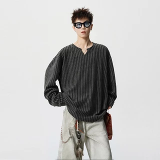 💥BecoolMan💥วินเทจสไตล์อเมริกัน คอวีแขนยาว เนื้อรูปร่างก้างปลา เสื้อยืดทรงหลวม แมทช์ง่าย คู่รัก การพักผ่อน เทรนด์