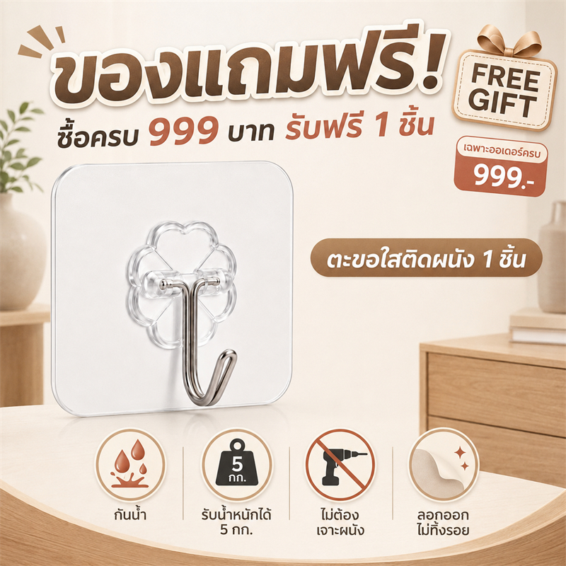 ตะขอใสติดผนัง 1 ชิ้น ตะขอแขวนของอเนกประสงค์ ไม่ต้องเจาะ กันน