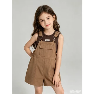 BB345 กางเกงขาสั้นสายสะพายเด็กผู้หญิง ผ้าสบายๆ เซตเสื้อกล้ามลายเรียบ ชุดไปเที่ยว
