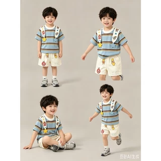 BB347 ชุดเด็กผู้ชายสไตล์คิวท์ เสื้อยืดลายทางฟ้า ตกแต่งสายสะพายการ์ตูน คู่กางเกงลายการ์ตูน