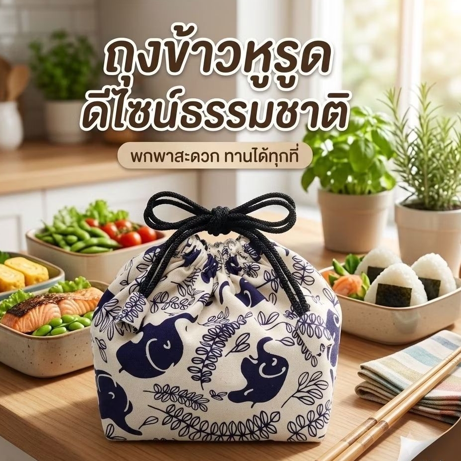ถุงผ้ากล่องข้าวหูรูด ขนาด 7×7 นิ้ว เลือกลายผ้าทักแชทนะคะ