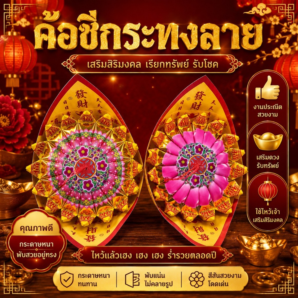 กระทงตั่วกิมลาย ค้อชีกระทงลาย (ลายพิเศษ) กระทงค้อซี กระทงดอกบัว ใช้สำหรับไหว้เจ้า ค้อชีเต้า(คละลาย)