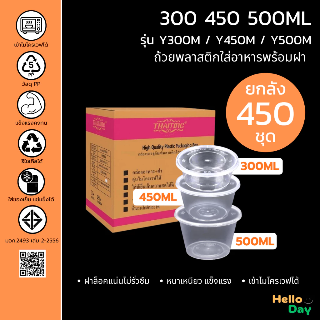 [ยกลัง 450 ชุด] ถ้วยพลาสติกใส่อาหาร (สีใส) ทรงกลม พร้อมฝา ขนาด300ML/ 450 ML /500ML ฝาปิดสนิทไม่รั่วซึม เข้าไมโครเวฟได้