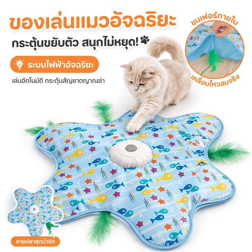 ของเล่นแมวอัตโนมัติรูปปลา เลียนแบบล่าเหยื่อ เล่นเองได้ ปลดปล่อยมือ ป้องกันแมวทำลายบ้าน เสียงเงียบ