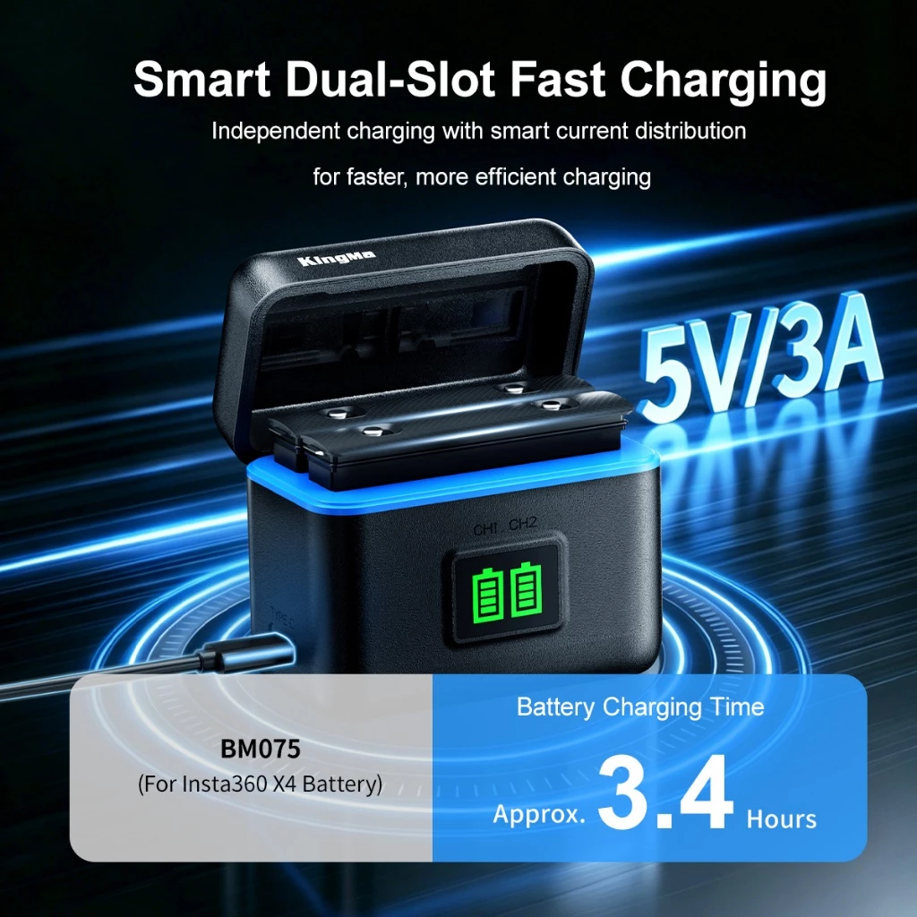 KingMa BM075 เคสชาร์จแบตเตอรี่ Insta360 X4 แบตเตอรี่ 2500mAh Dual Slot USB-C Fast Charging ชาร์จไว thumbnail 10