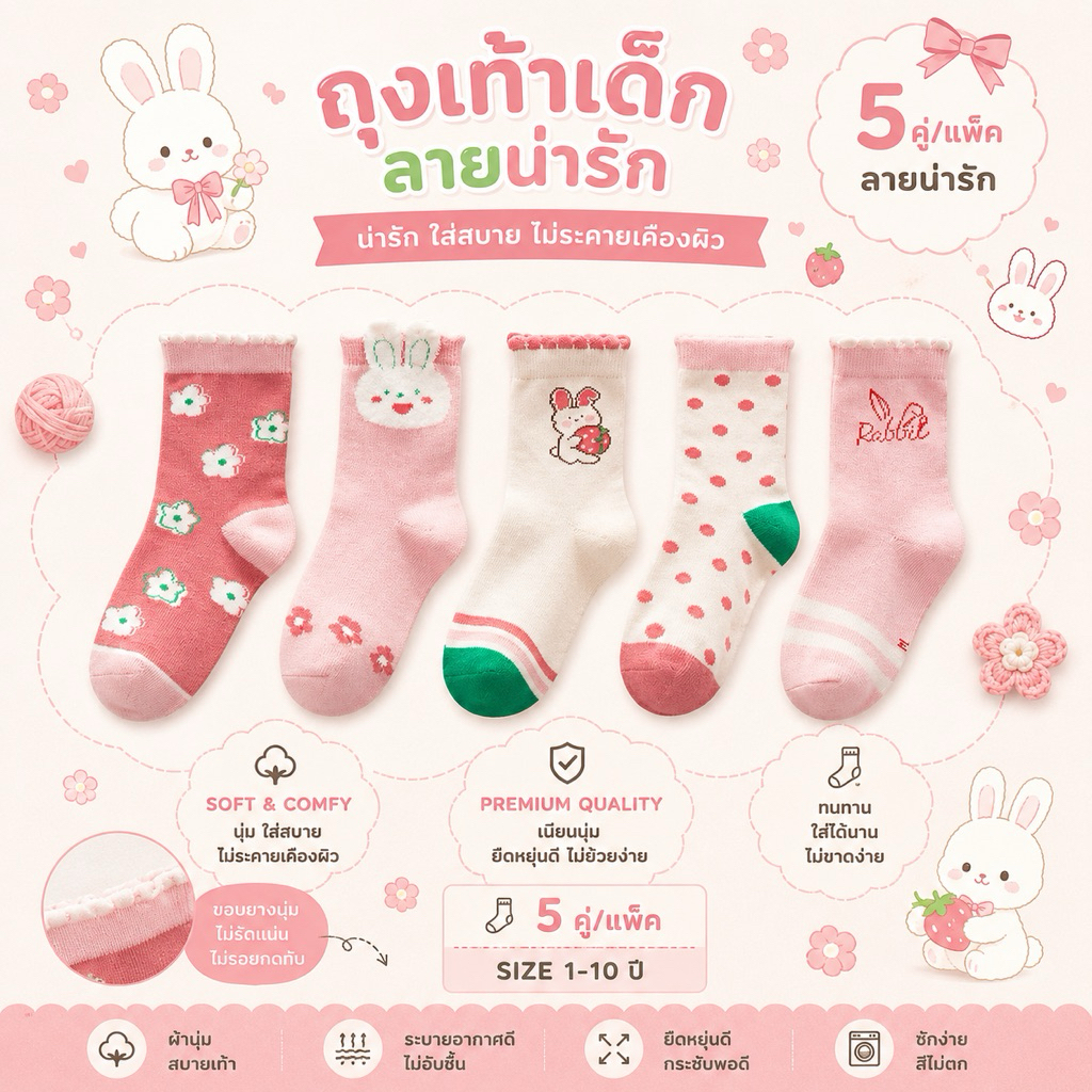🚚(ส่งด่วน กทม.) ถุงเท้าเด็ก ผ้านิ่ม เกรดพรีเมี่ยม(ลายกระต่ายRABBIT) แพ็คสุดคุ้ม!! 5 คู่ QH344 พร้อมส่ง🇹🇭