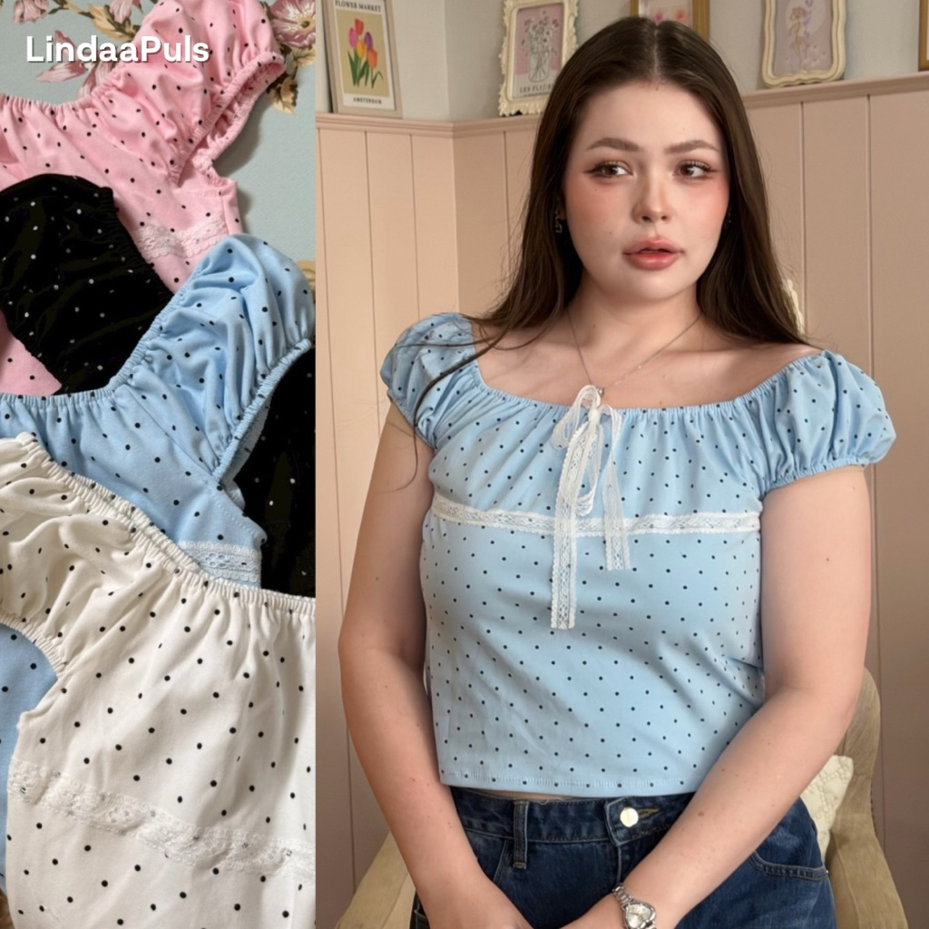 LindaaPlus-- เสื้อแขนตุ๊กตาลายจุด“สาวอวบอ้วน” 🩵🍃 ใส่ได้ทั้ง 2 แบบ ปาดไหล่/ปิดไหล่ ก็สวยยย  เนื้อผ้ายูนิโคล่พิมพ์ลา