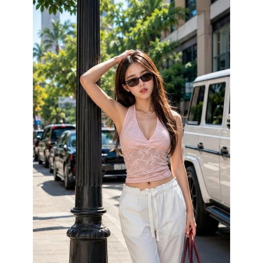 B-389 เสื้อผูกคอผ้าลูกไม้ติดเพชร ด้านหลังยางยืดสม็อค