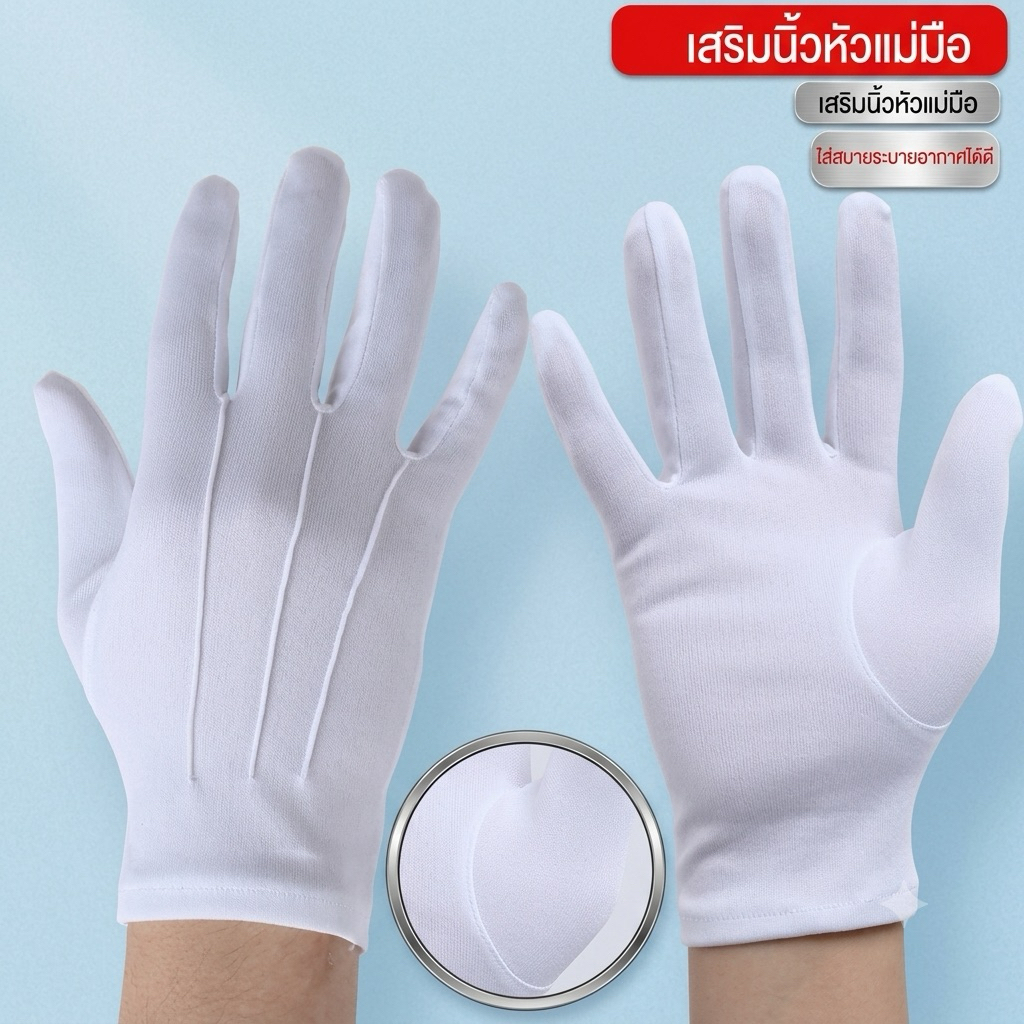 ถุงมือผ้าสีขาว  ผ้าไนล่อน ใช้จราจร ทหาร สวนสนาม เชียร์