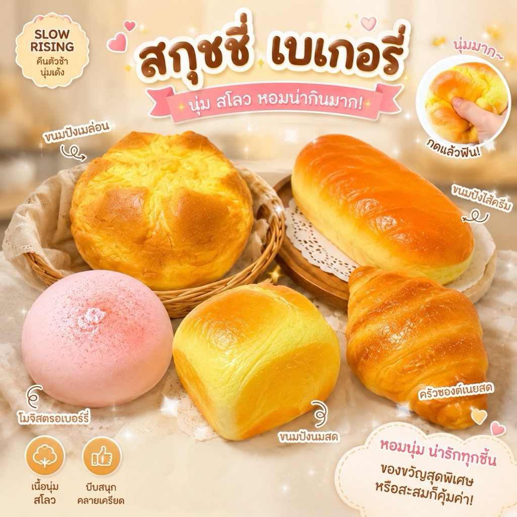 พร้อมส่งด่วน🚀 สกุชชี่เบเกอรี่ 🥐 หอม นุ่ม สโลว บีบเพลิน 🍞✨