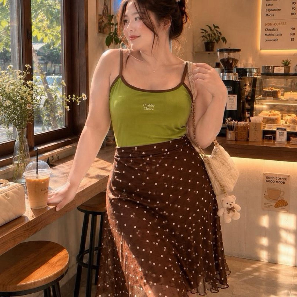 กระโปรงโพกาดอทยาว รุ่น ‘Choco Dot’ ไซต์ใหญ่!! “กระโปรงซีทรูช็อกโก้ดอท ลายจุด พรางสะโพก ใส่แล้วละมุนมาก” | ChubbyChoice