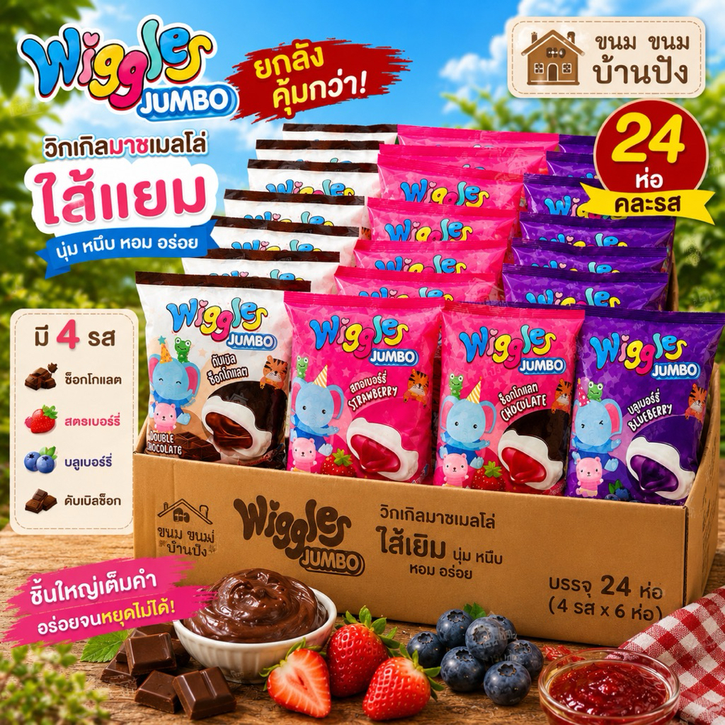 (ยกลัง)24 ห่อWiggles Jumbo วิกเกิ้ล จัมโบ้ มาร์ชเมลโลว์เคลือบช็อคโกแลต สอดไส้เเยม แสนอร่อย ขายดีที่ส