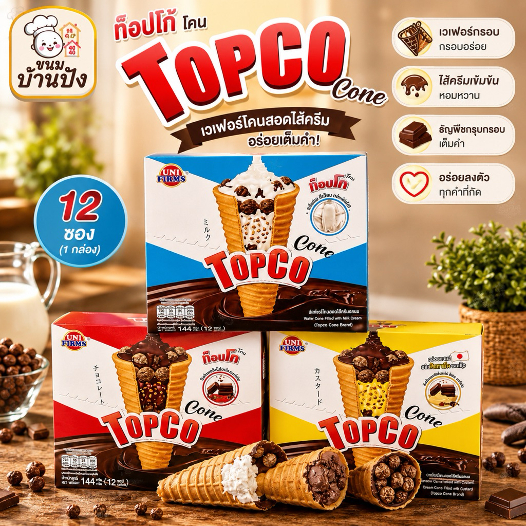 (1กล่อง)12ชิ้นโึนกรอบ Topco Cone Chocolate Custard (เวเฟอร์โคน สอดไส้ช็อกโกแลตครีมคัสตาร์ด บิสกิตและซีเรียล)