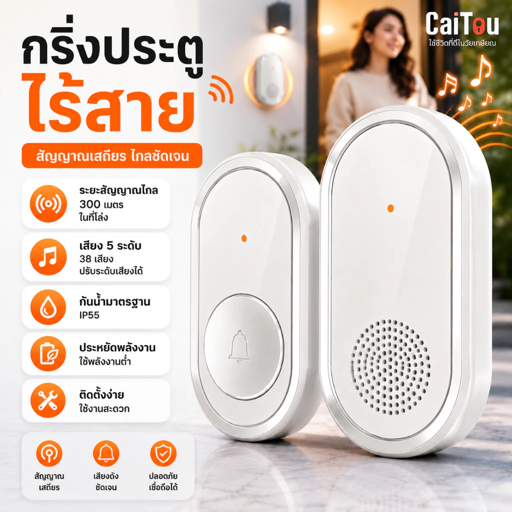 Daytech Wireless Doorbell สหรัฐอเมริกาปลั๊กอินออดสีขาวเรียบง่าย 30M ช่วง 60 ริงโทน 0-110dB