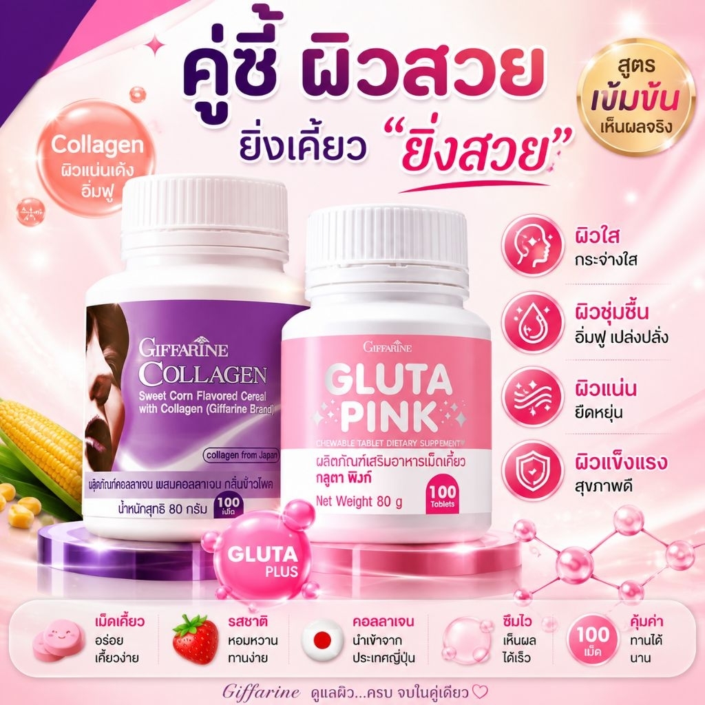 กลูต้า เม็ดเคี้ยว ผิวสวย ลดผิวหมองคล้ำ เพิ่มคอลลาเจนผิว แบบเคี้ยว ลดริ้วรอย ผิวอิ่มน้ำ (Gluta Pink)