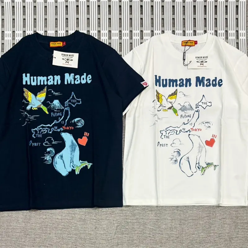 เสื้อยืดลาย Human Made เป็ด หมีขาว ภูเขาฟูจิ พิมพ์หน้าเต็ม สีดำขาว ผ้าฝ้าย200GSM ทรงโอเวอร์ไซซ์ สไตล์ญี่ปุ่นเรียบง่ายวิน