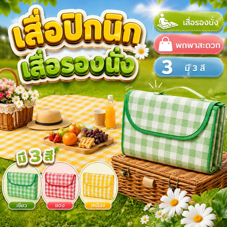 เสื่อปิคนิคพกพา เสื่อกันน้ำ ขนาด 189x145 cm. พกพาสะดวก พับเก็บได้ สินค้าพร้อมส่งจ้า!!!