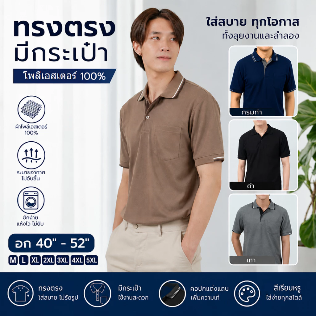 Ananya เสื้อโปโลผู้ชาย มีกระเป๋าเสื้อ โทนสีสุภาพ ใส่ทำงาน/ลำลอง อก 40-52นิ้ว