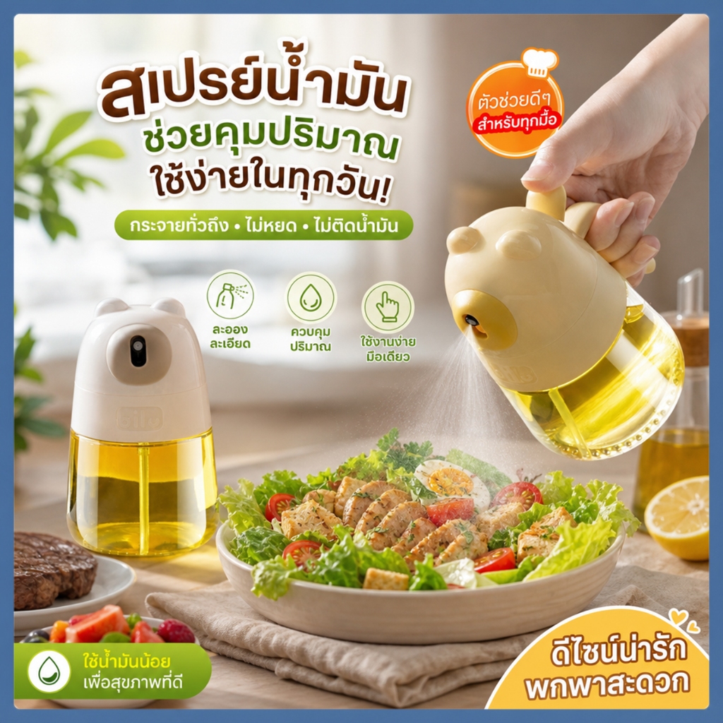 【 น่ารักสุดๆ】ขวดสเปรย์น้ำมันแก้ว 300ml ขวดสเปรย์น้ำมัน ขวดสเปรย์น้ำมันมะกอก วัสดุเกรดอาหาร ใช้งานง่าย