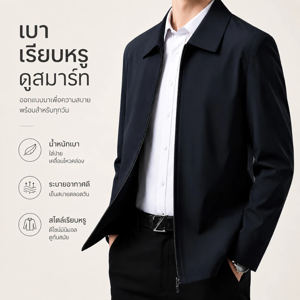 เสื้อแจ็กเก็ตผู้ชาย สีดำ เบา เรียบหรู ทรงสมาร์ท กันลม ใส่ทำงาน ใส่เที่ยว เสื้อคลุมลำลอง สไตล์เกาหลี ใส่สบาย แฟชั่น สุภาพ