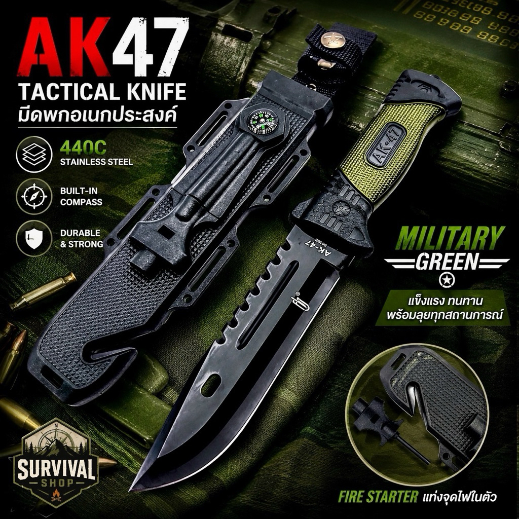 มีดพกเดินป่าอเนกประสงค์ AK47 (รหัส 5018B) พร้อมปอกแข็งและอุปกรณ์ยังชีพ ขนาดยาว 30 cm #AK47 #มีดเดินป่า #สายแคมปปิ้ง