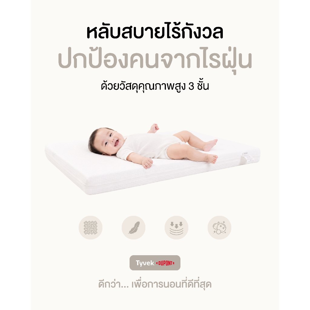 MOMCO | เบาะนอนหายใจผ่านได้ (Tyvek DuPont™) สำหรับทารก | เบาะที่นอน hypoallergenic ป้องกันฝุ่น ไร้ฝุ่น ไร้สารฟอกขาว