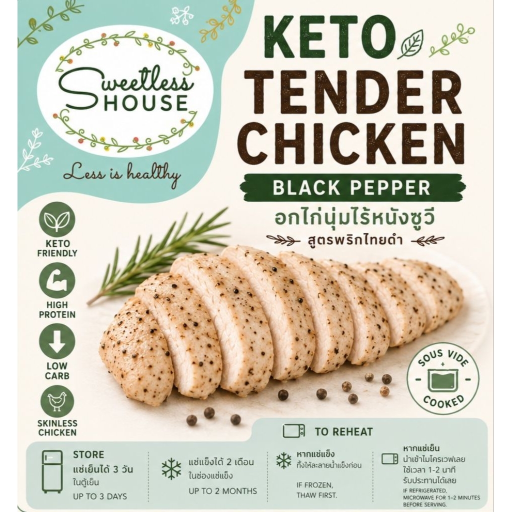 Keto Tender Chicken Ready to Eat  อกไก่ไรหนังซูวีคีโต แบบแช่แข็ง อุ่นทานได้ทันที 180 grams