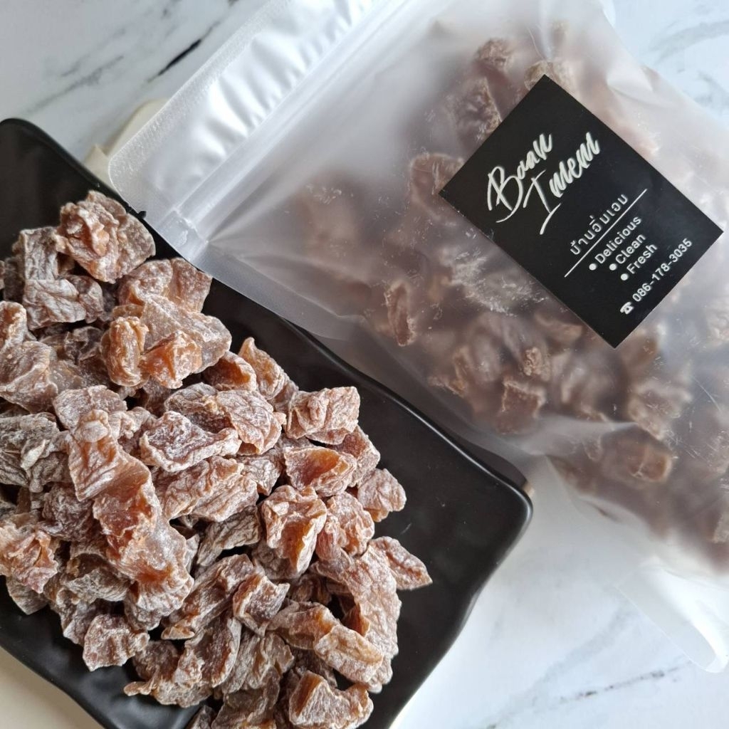 บ๊วยชิ้น บ๊วยหั่น บ้านอิ่มเอม รสชาติเปรี้ยวนำ ออกหวานน้อย มีขนาด500, 250 และ100 กรัม