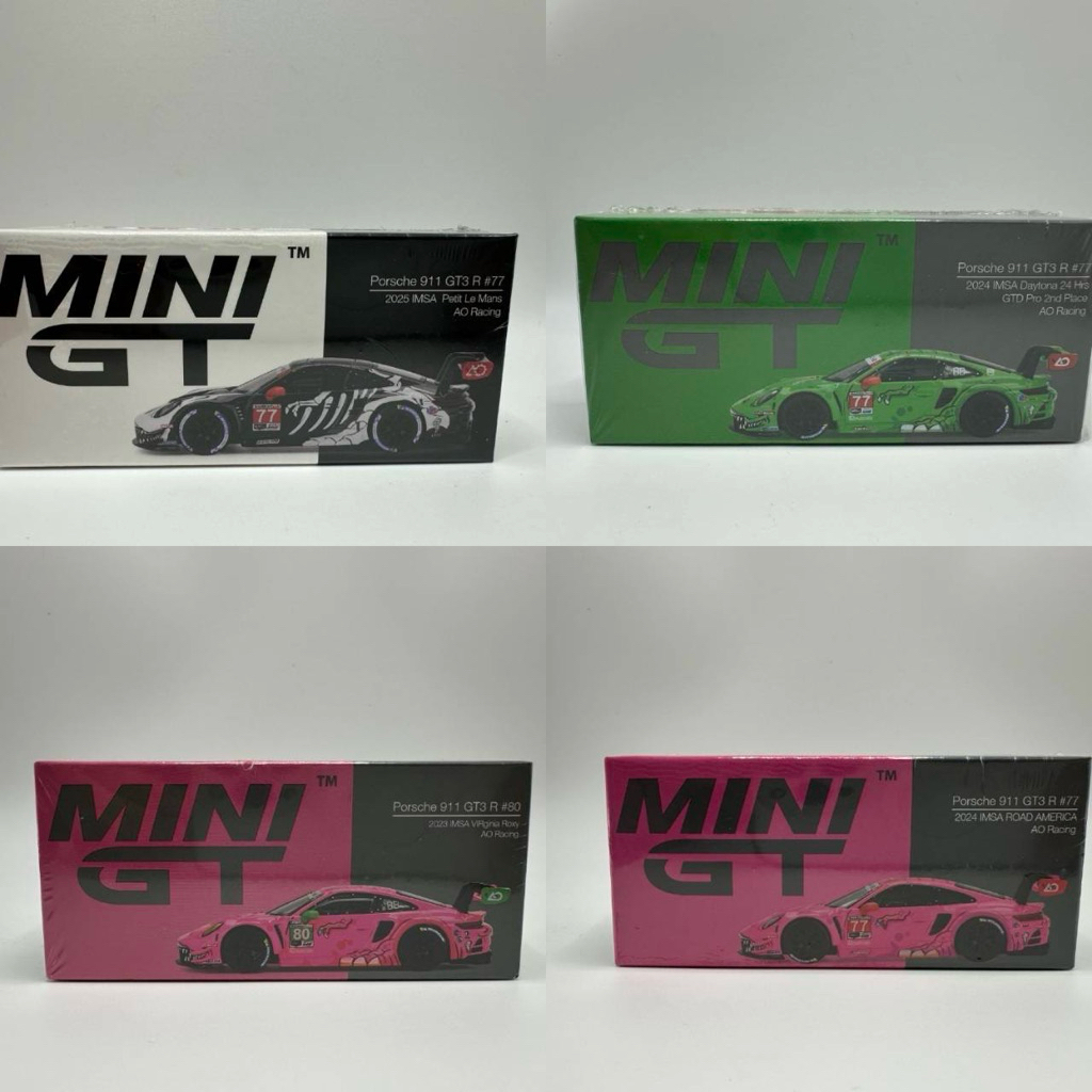 ▫️Porsche 911 GT3 R #80 & #77 AO Racing &  #77 2024 2nd IMSA ROAD ROXY & AMERICA #872 & #1052  Scale 1:64 ยี่ห้อ Mini Gt