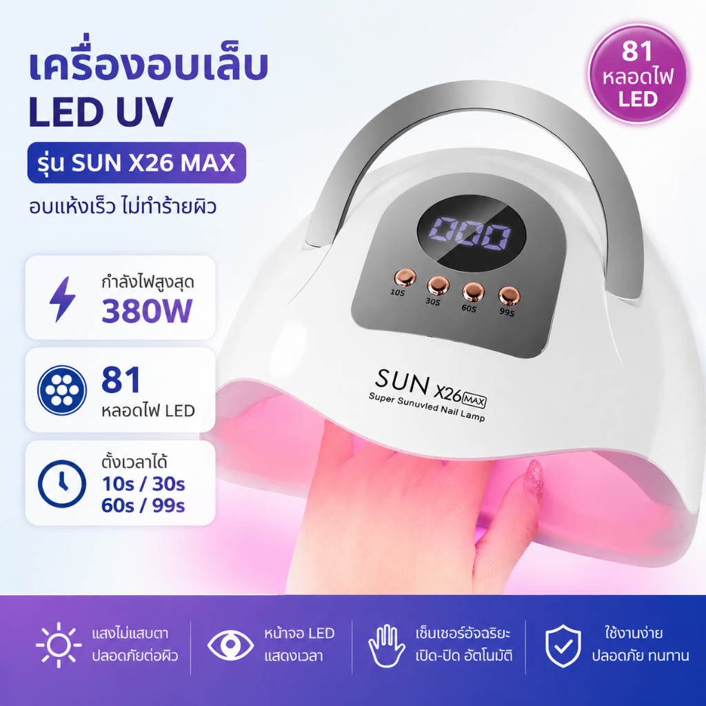 พร้อมส่ง！SUN X26 MAX 380W เครื่องอบเล็บเจล ไฟสีชมพู มือไม่ดำ เครื่องอบเล็บ UV/LED 81 ดวง ตอบสนองความต้องการของร้านทำเล็บ