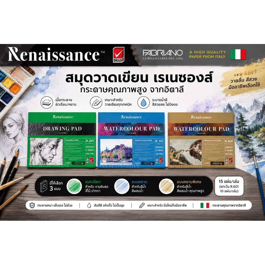 Renaissance สมุดวาดรูป วาดเขียน วาดภาพ เรียบ หยาบ ขนาด A2 A3 A4 A5 A6 เหมาะกับ สีไม้ สีน้ำ สีโปสเตอร์