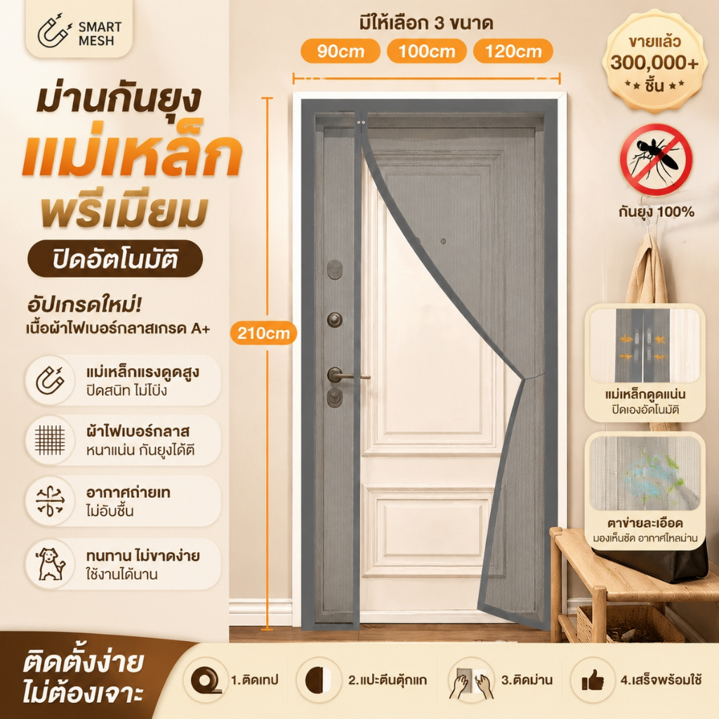 ผ้าม่าน ม่านกันยุง ม่านติดประตู ม่านแม่เหล็ก แบบตีนตุ๊กแก 90X210/100X210 ซม ไม่ต้องเจาะผนังป้องกันยุงและแมลง