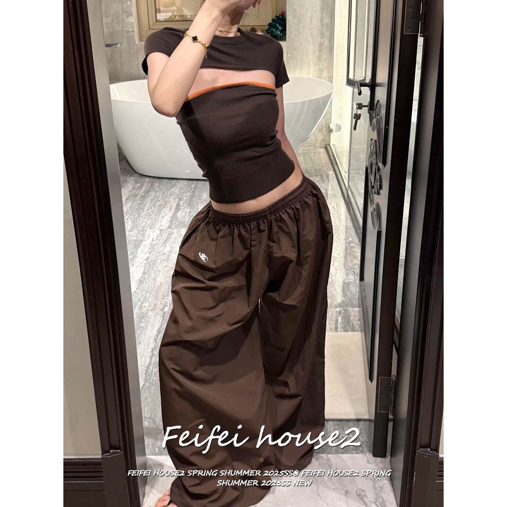 [Feifei-Quick-drying fabric trousers]กางเกงขายาวหลวมรอยย่นผ้าแห้งเร็วฤดูร้อนปักลายเรียบง่าย