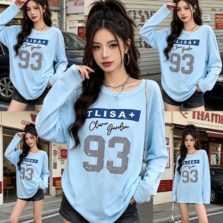 COD-เสื้อยืดแขนยาวคอปาดไหล่ผู้หญิง ทรงหลวมผอมสวย สไตล์อเมริกันสไปซี่เกิร์ล ผ้าบางกันแดดฤดูร้อน-มีหลายสี