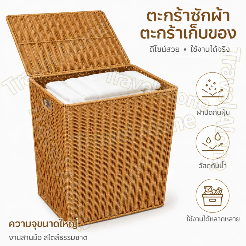 [พร้อมส่ง] ตะกร้าซักผ้าหวาย ขนาดใหญ่ ตะกร้าซักผ้า ทอมือ พร้อมฝาปิด กันน้ำ กล่องเก็บของ
